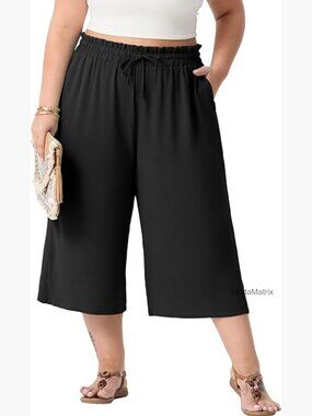 Plus Size Wide Leg Capri Pants High Waist Drawstring with Pockets
